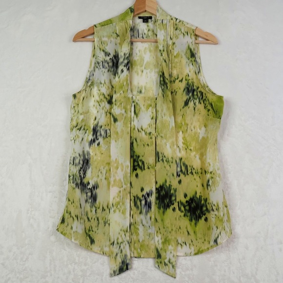 Ann Taylor Womens Silk Blouse 8 Green Watercolor Tie Neck Sleeveless Office Work - Picture 9 of 9